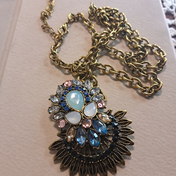 Vintage Bronze Tone Aqua Pink Blue Statement Necklace 28"L - Picture 5 of 5